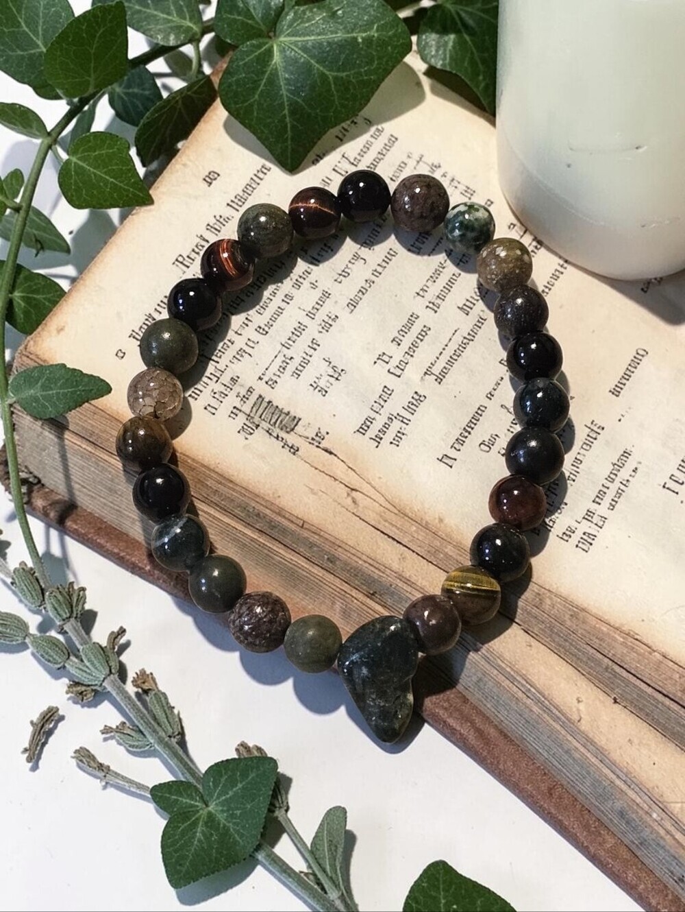 Earth Tone Grounding Handmade Green and Brown Beaded Heart Pendant Bracelet